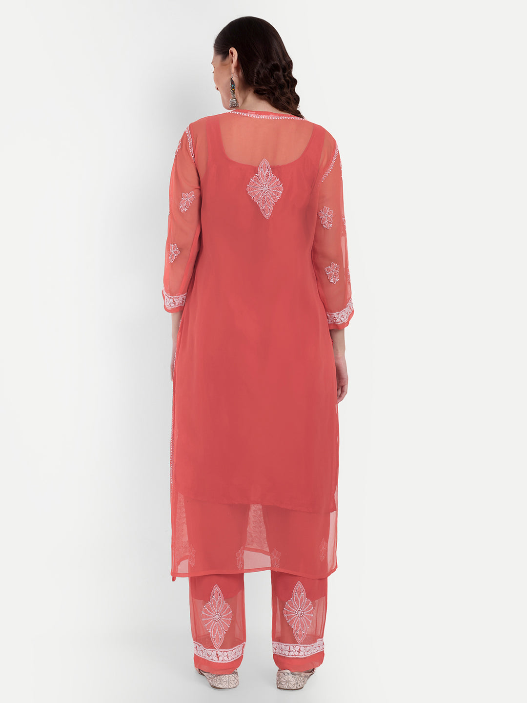 Lucknow Chikankari Hand Embroidered Long Kurta Set and matching slip Ruby Red