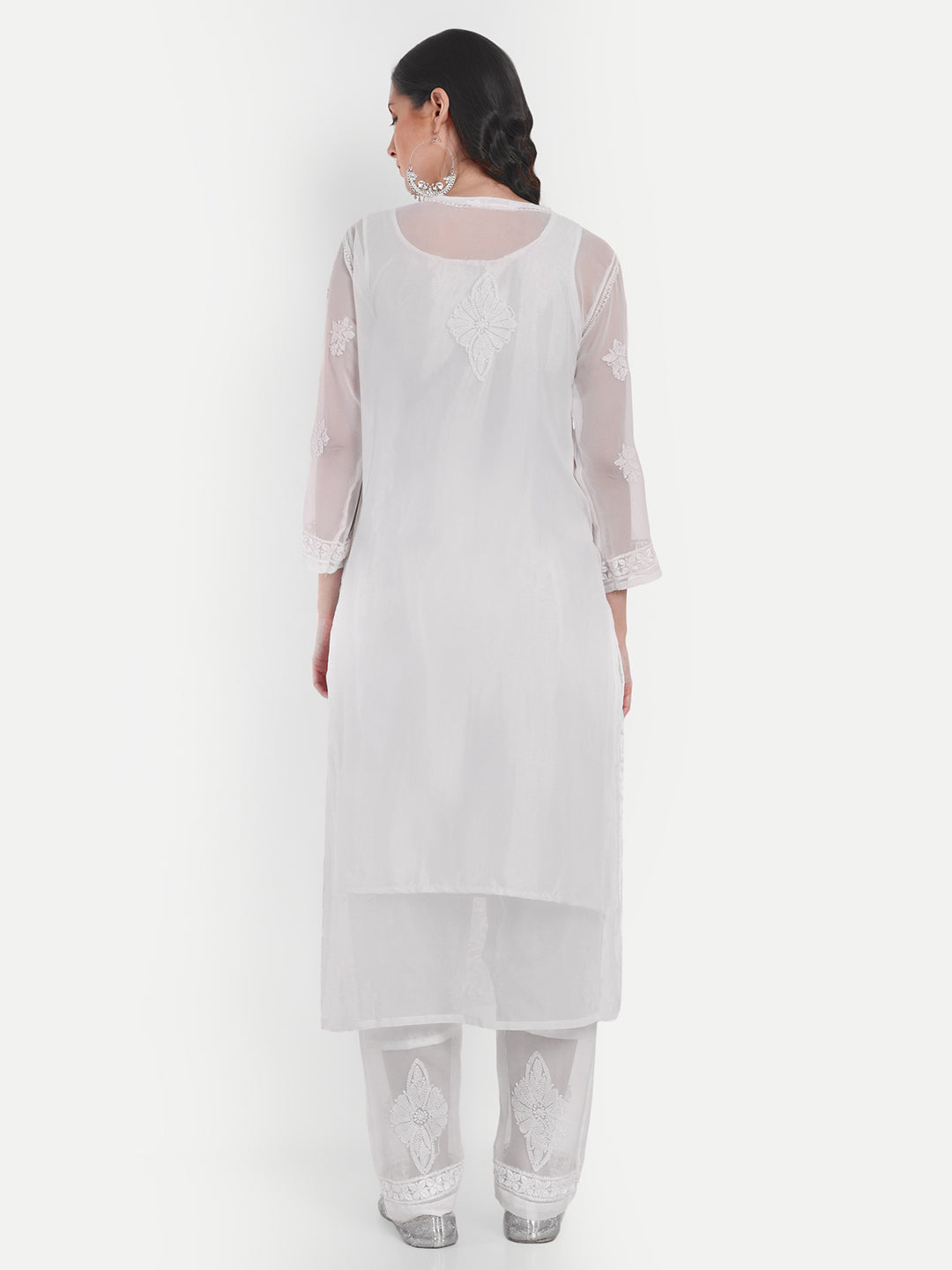 Lucknow Chikankari Hand Embroidered Long Kurta Set with Sharara and matching Slip 2014