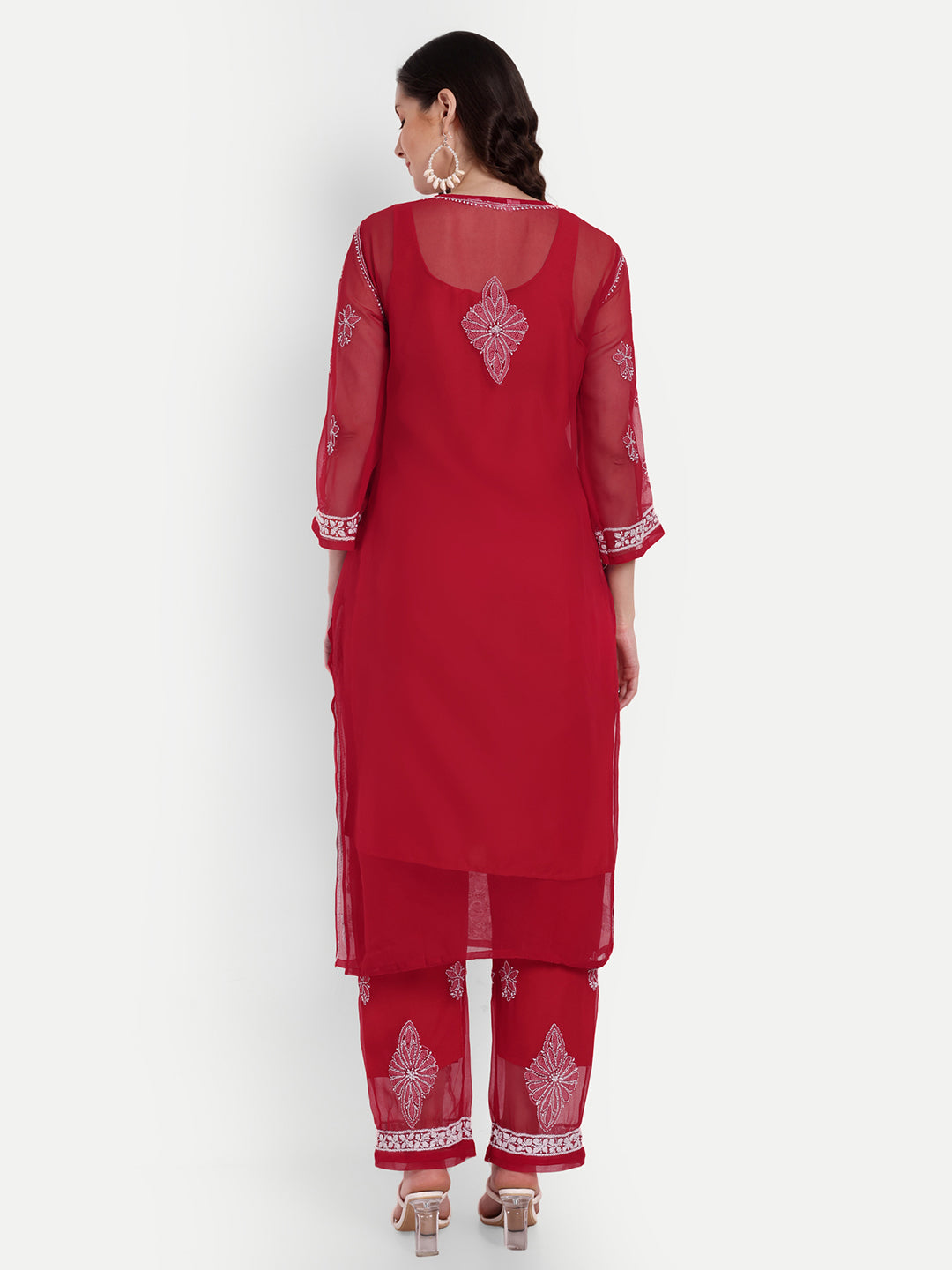 Lucknow Chikankari Hand Embroidered Long Kurta Set and matching slip RED