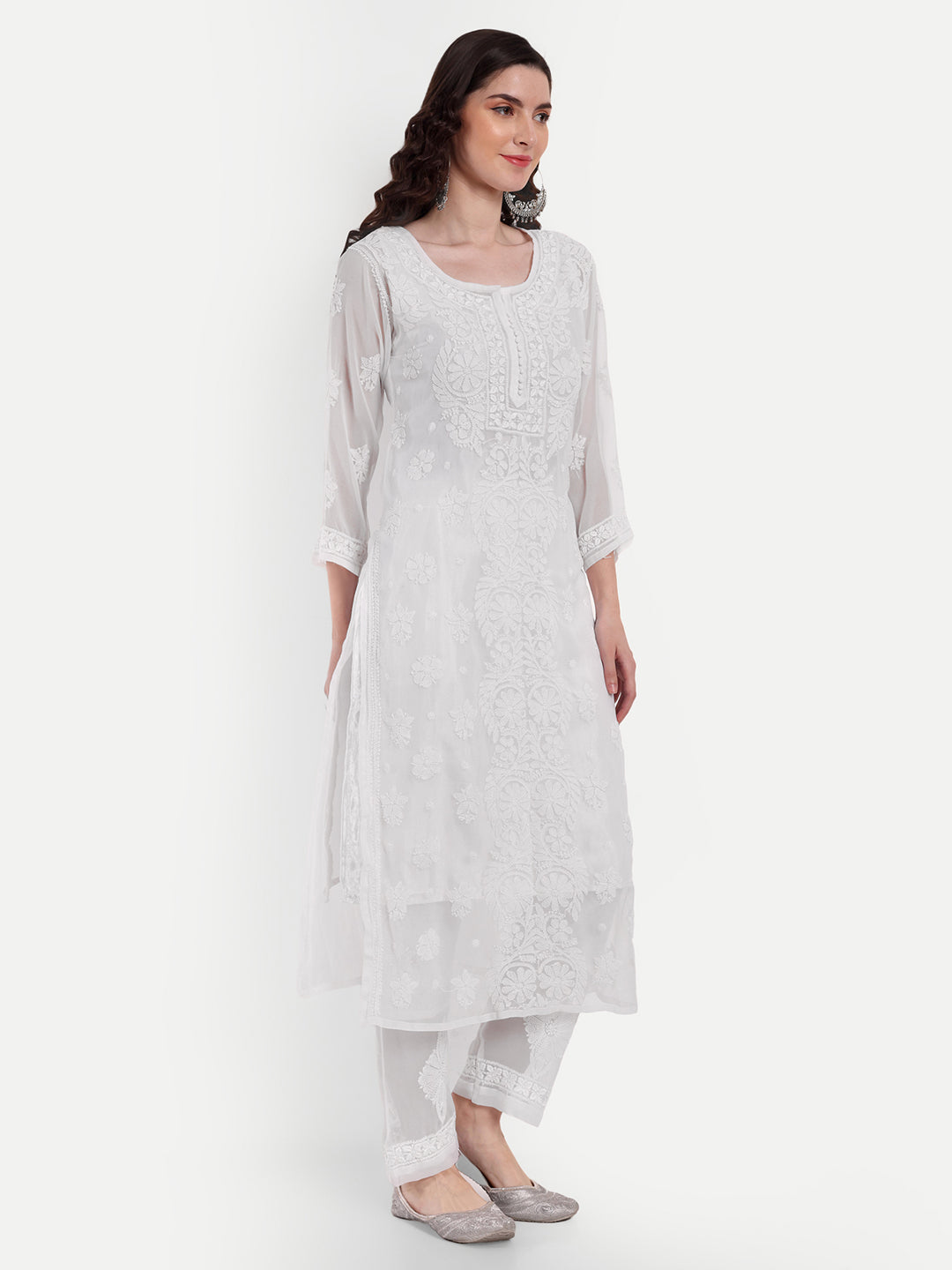 Lucknow Chikankari Hand Embroidered Long Kurta Set with Sharara and matching Slip 2014