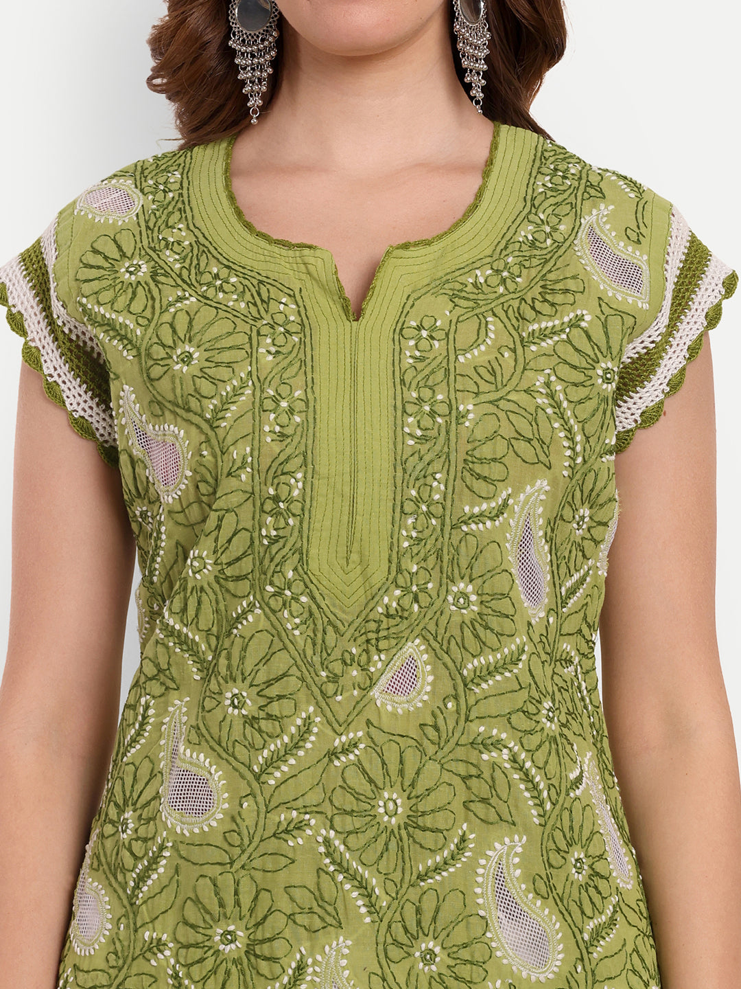 Chikankari Hand Embroidered  Kurta with Crochet Sleeves Cotton