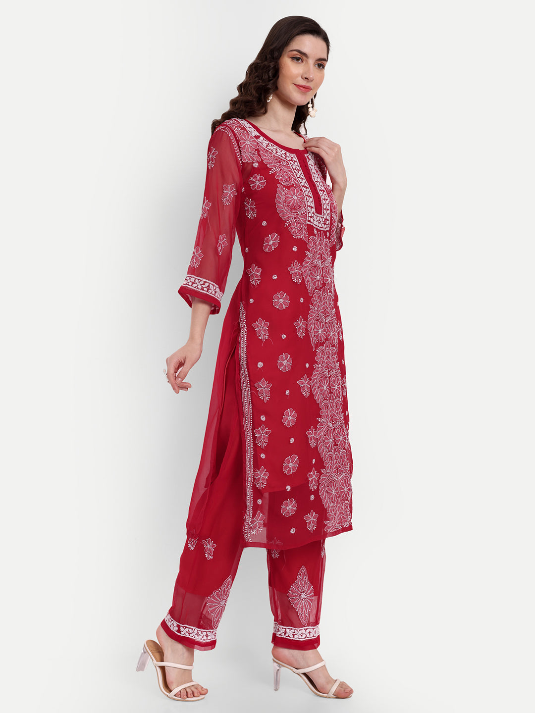 Lucknow Chikankari Hand Embroidered Long Kurta Set and matching slip RED