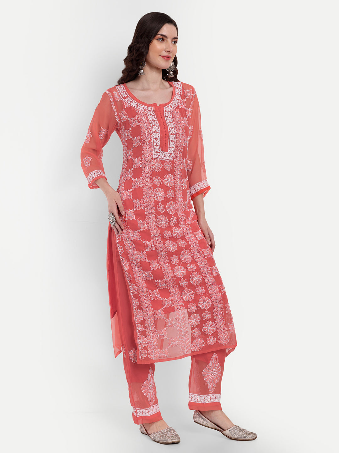 Lucknow Chikankari Hand Embroidered Long Kurta Set and matching slip Ruby Red