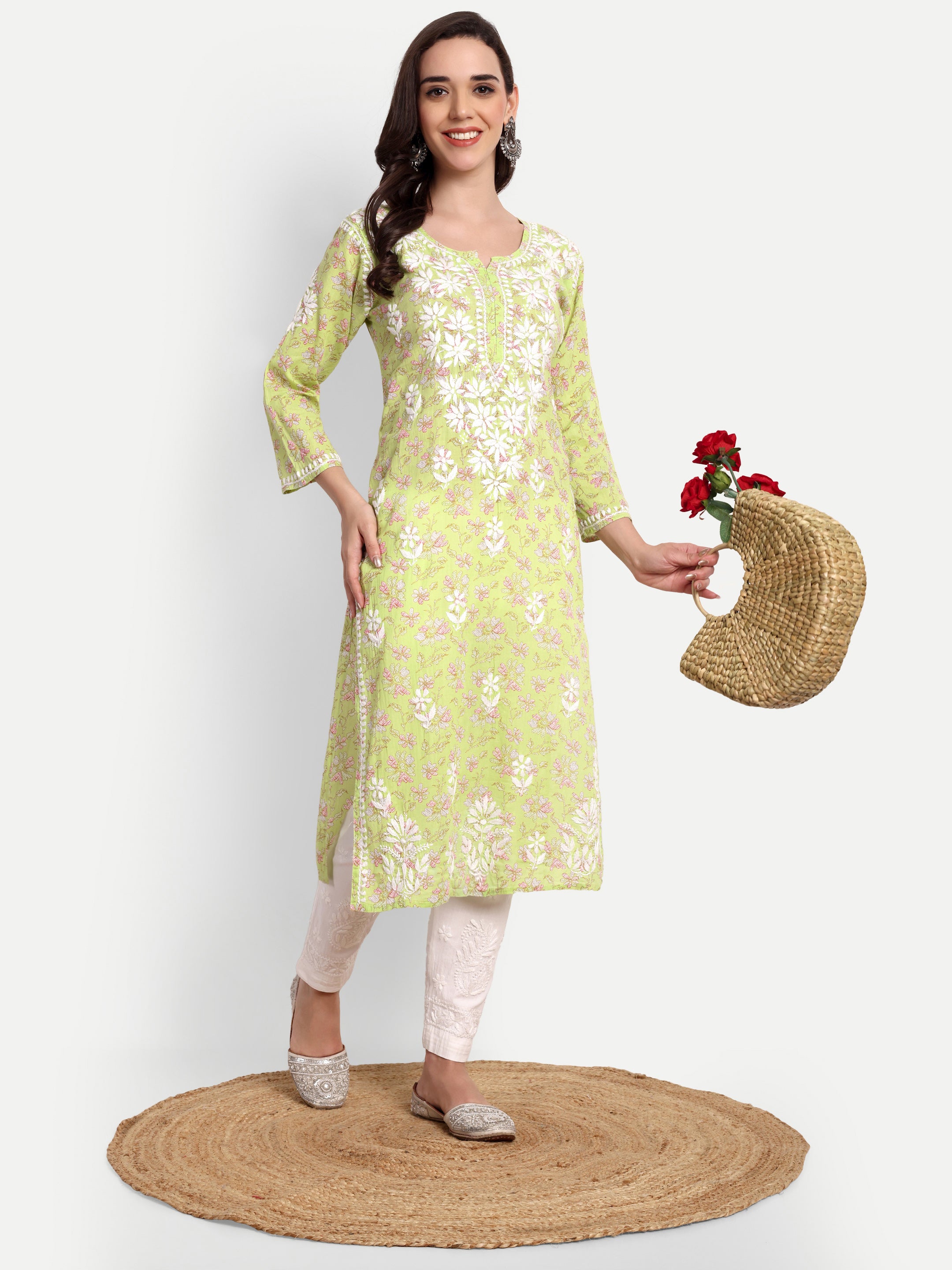 Lucknow Chikankari Hand Embroidered Long Kurta Mulmul Cotton