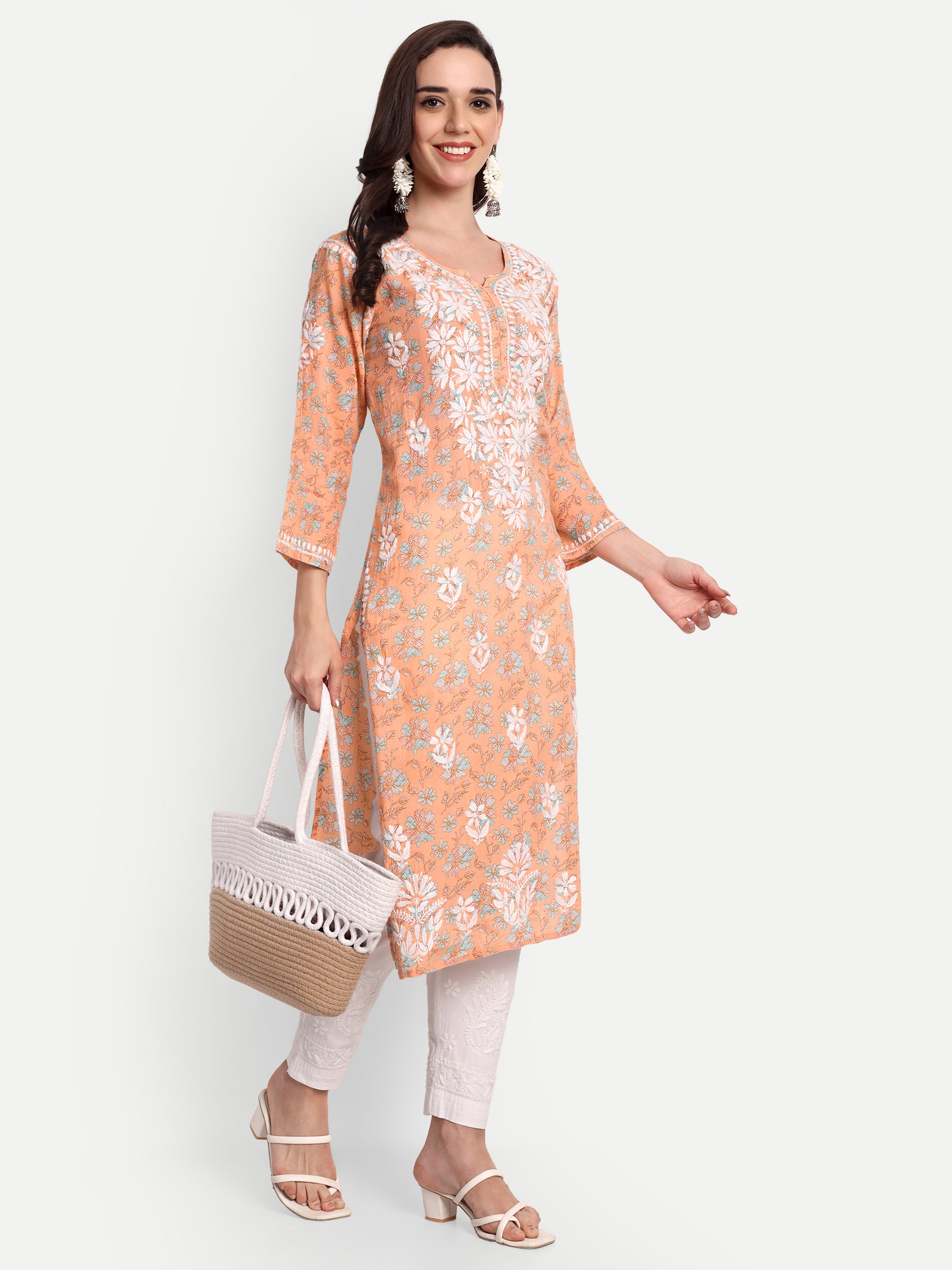 Lucknow Chikankari Hand Embroidered Long Kurta Mulmul Cotton