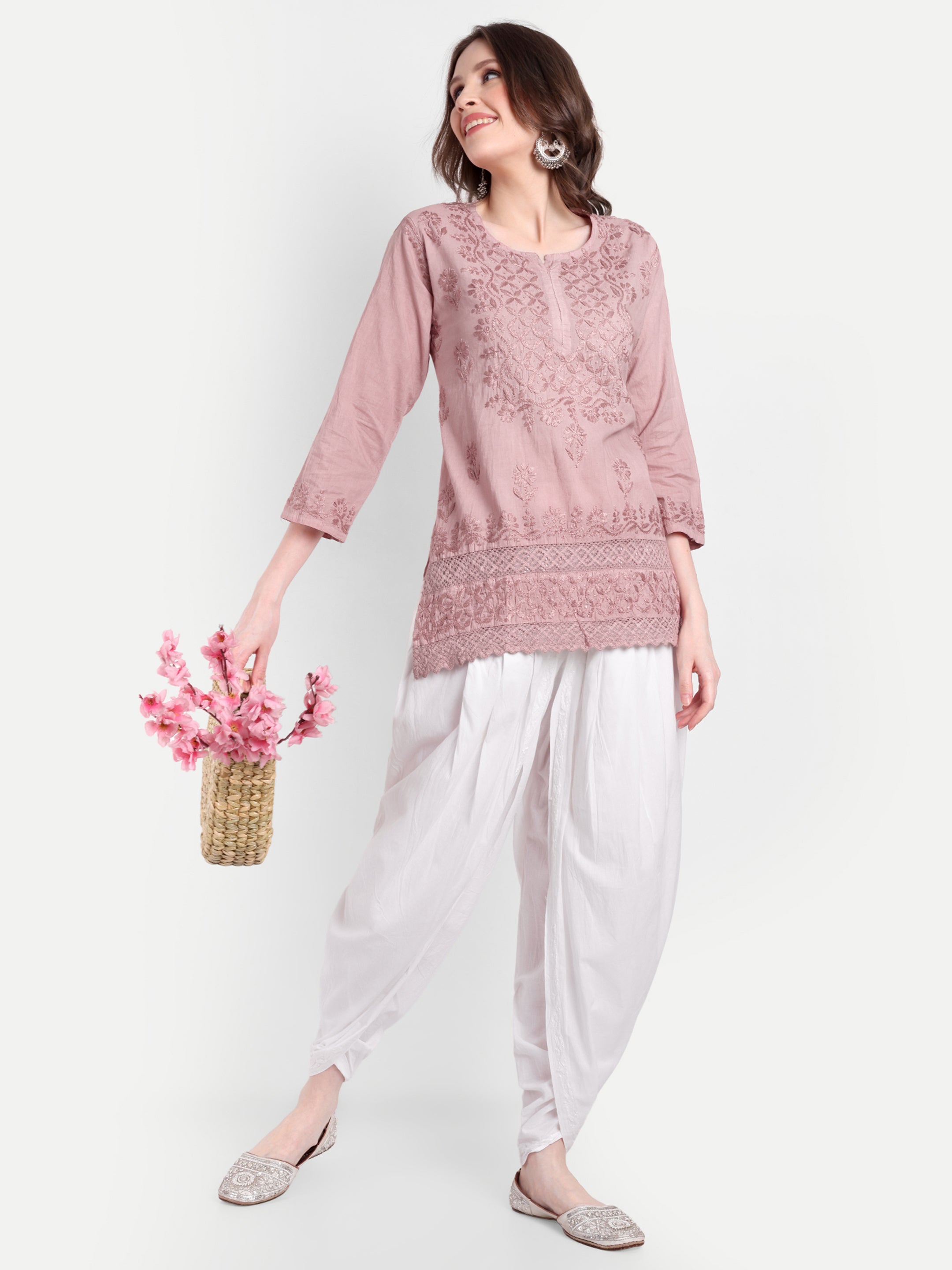 Lucknow Chikankari Hand Embroidered  Short Kurti Top Pure Cotton