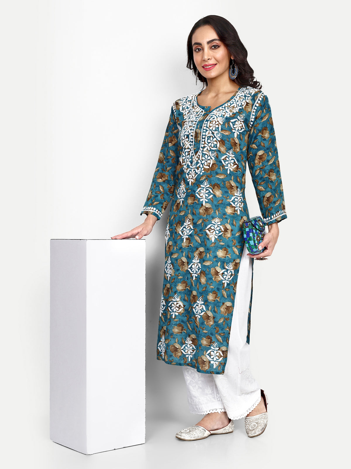 Lucknow Chikankari Hand Embroidered Long Kurta Mulmul