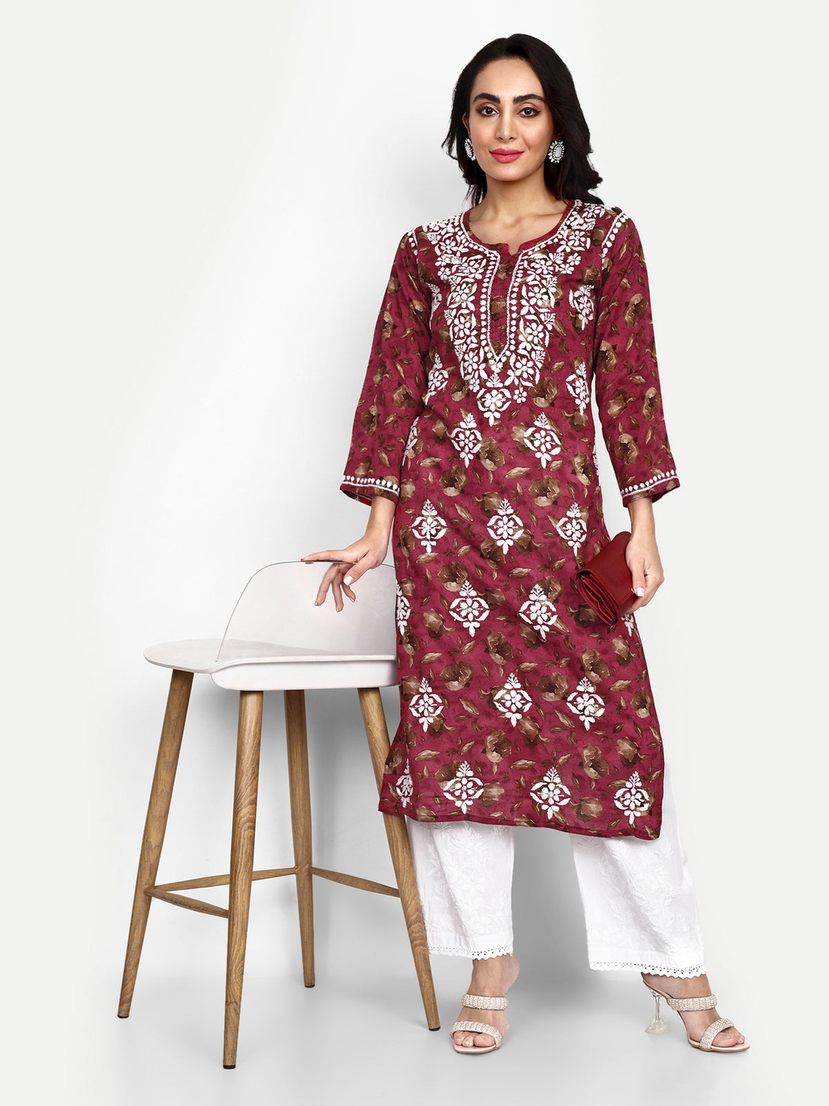 Lucknow Chikankari Hand Embroidered Long Kurta Mulmul