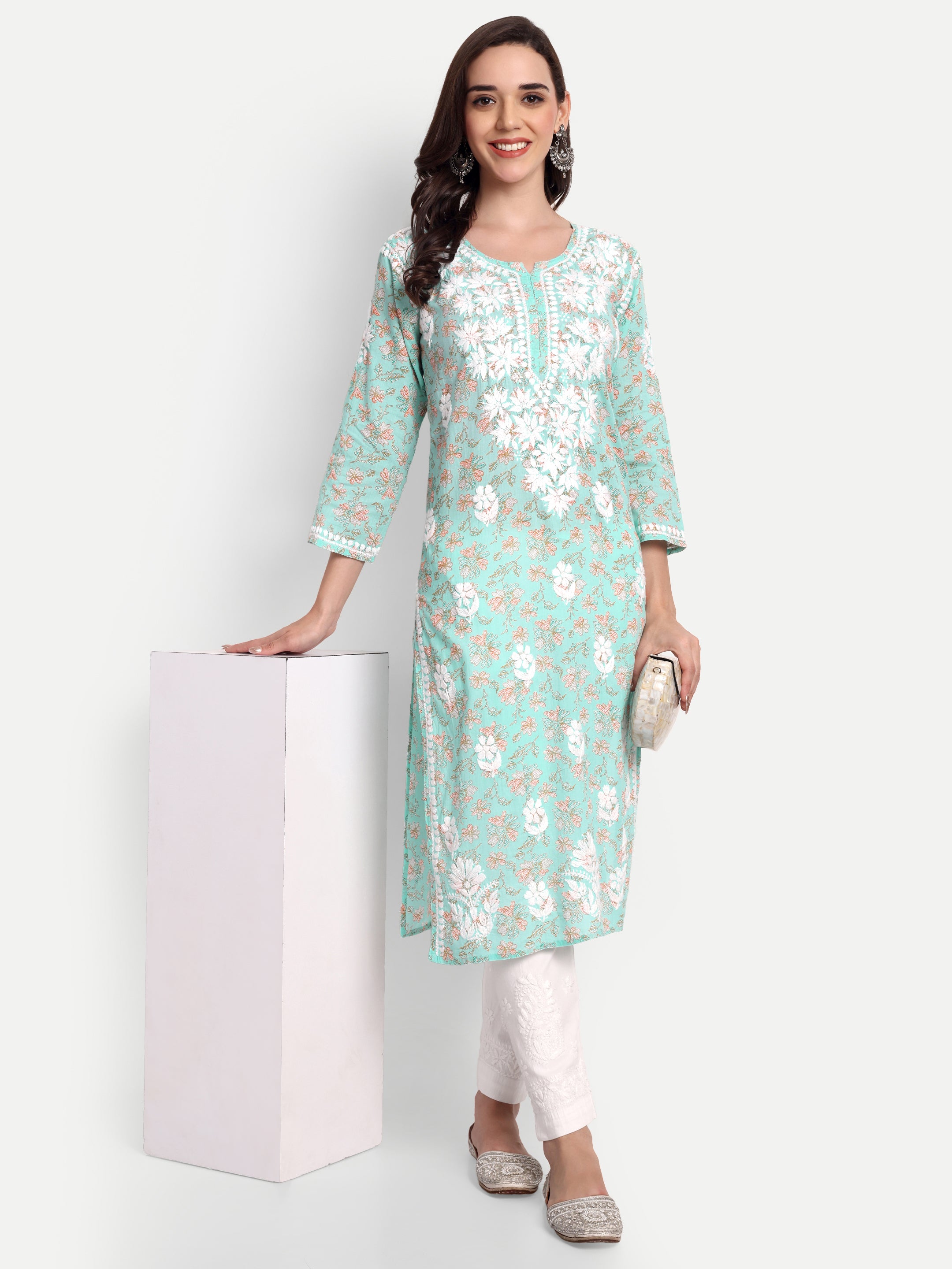 Lucknow Chikankari Hand Embroidered Long Kurta Mulmul Cotton