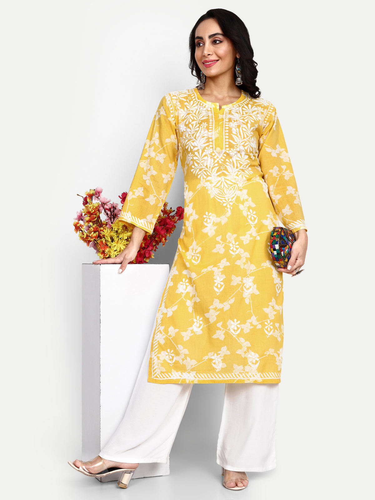 Lucknow Chikankari Hand Embroidered Long Kurta Mulmul