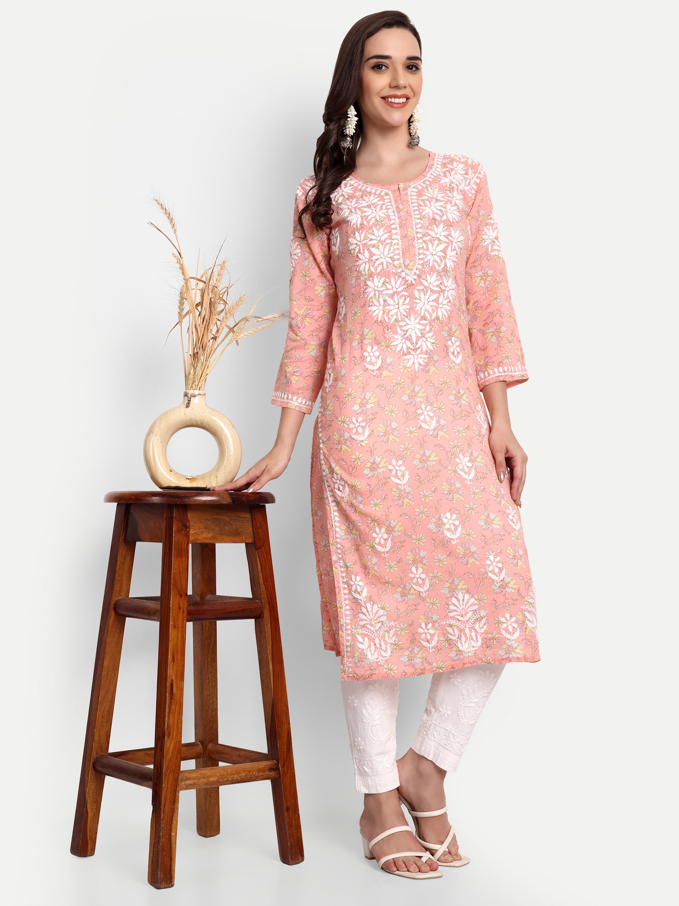 Lucknow Chikankari Hand Embroidered Long Kurta Mulmul Cotton