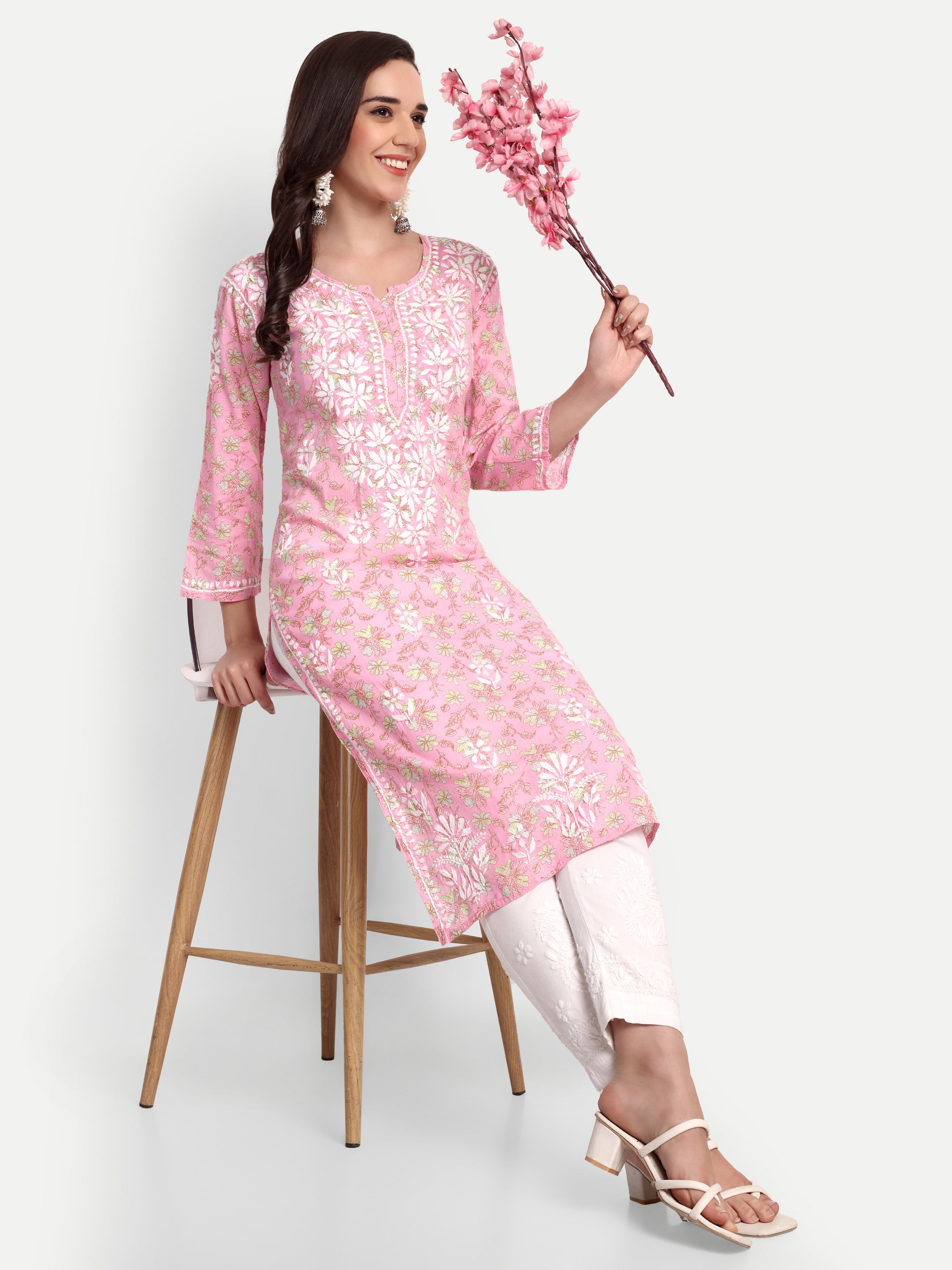 Lucknow Chikankari Hand Embroidered Long Kurta Mulmul Cotton