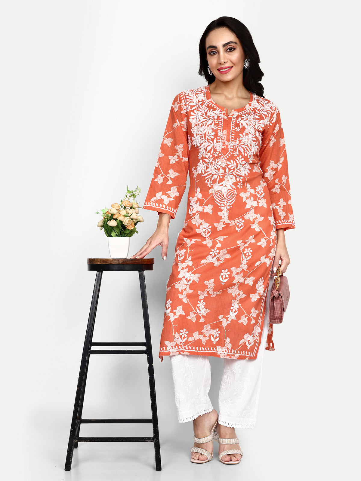 Lucknow Chikankari Hand Embroidered Long Kurta Mulmul