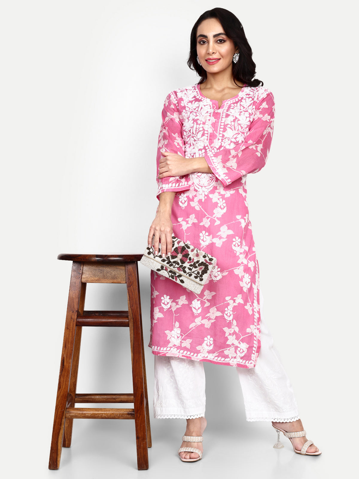 Lucknow Chikankari Hand Embroidered Long Kurta Mulmul