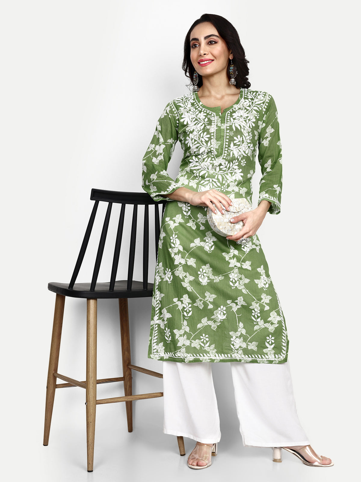 Lucknow Chikankari Hand Embroidered Long Kurta Mulmul