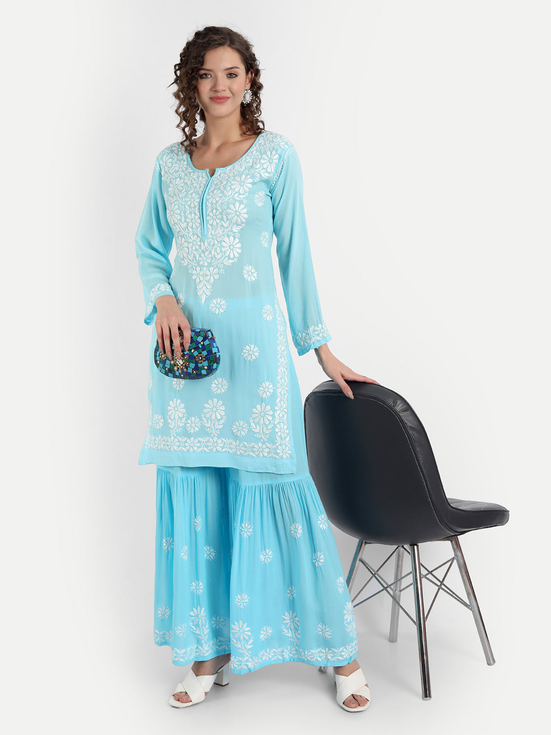 Lucknow Chikankari Hand Embroidered Kurta and Palazzo Set Modal Cotton Blue