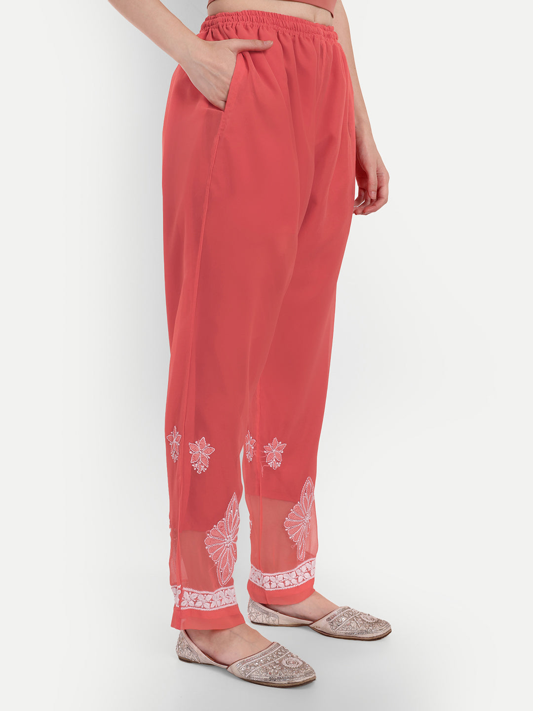 Lucknow Chikankari Hand Embroidered Long Kurta Set and matching slip Ruby Red