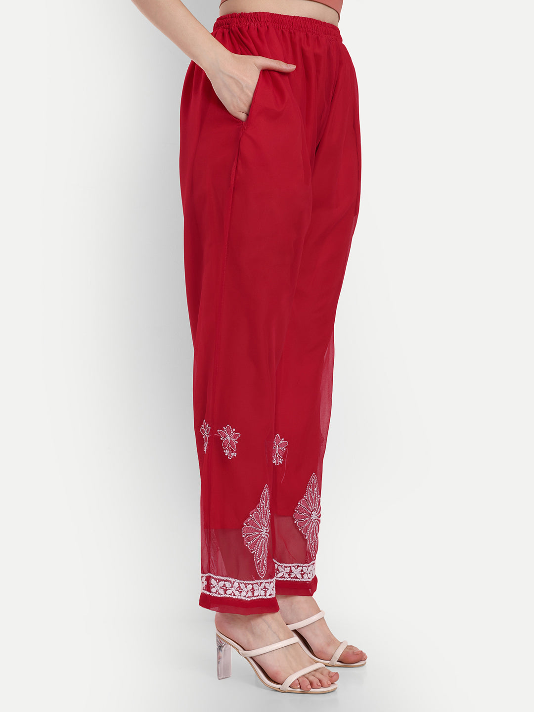 Lucknow Chikankari Hand Embroidered Long Kurta Set and matching slip RED