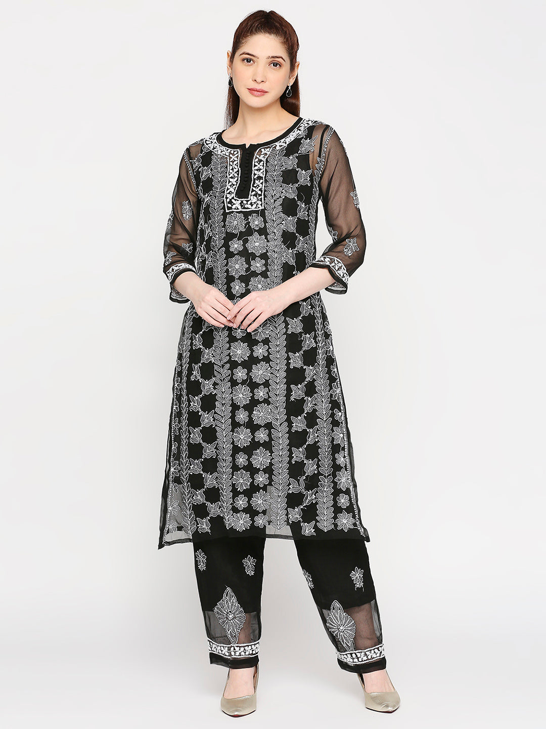 Lucknow Chikankari Hand Embroidered Long Kurta Set and matching slip Black