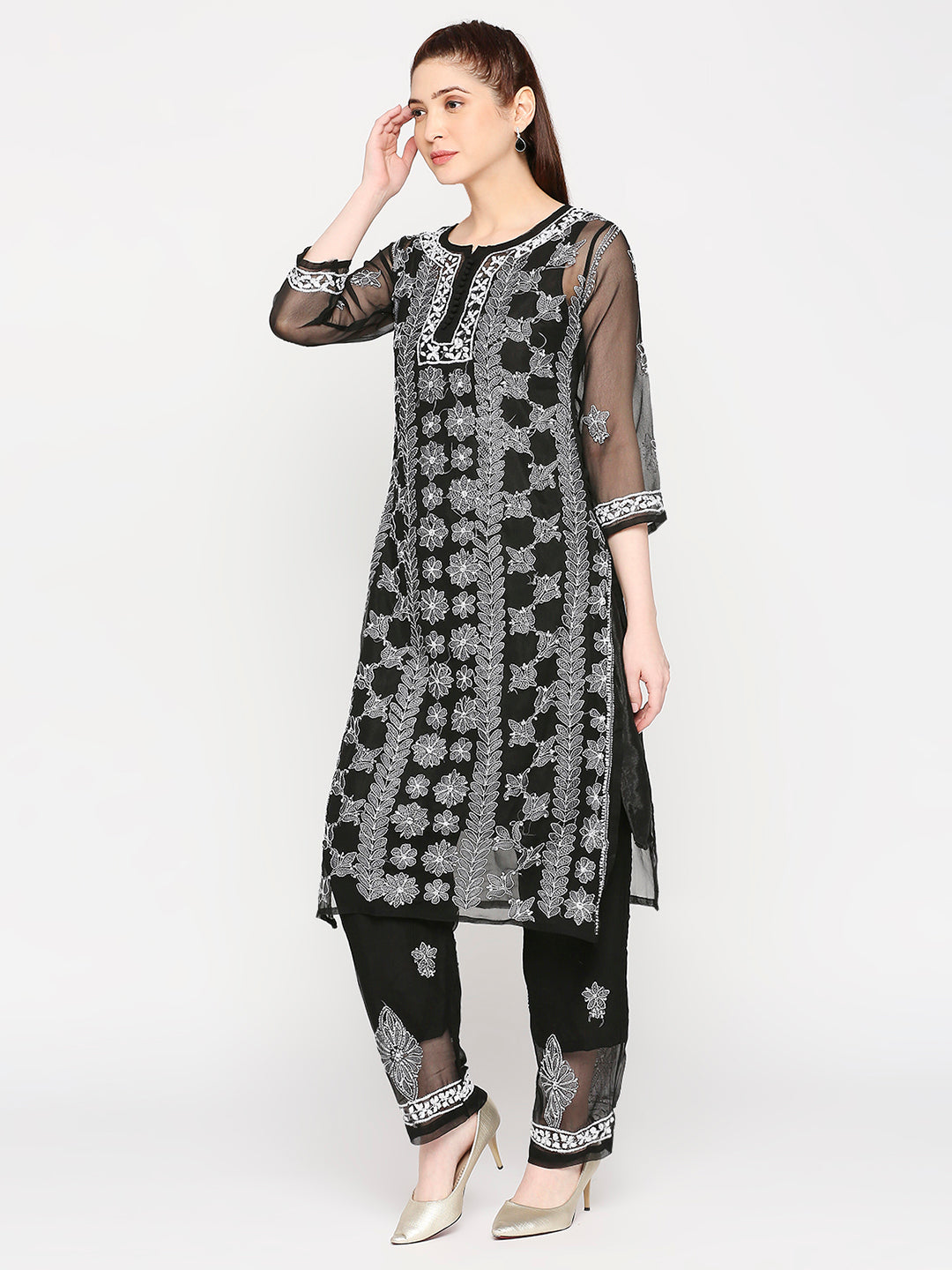 Lucknow Chikankari Hand Embroidered Long Kurta Set and matching slip Black