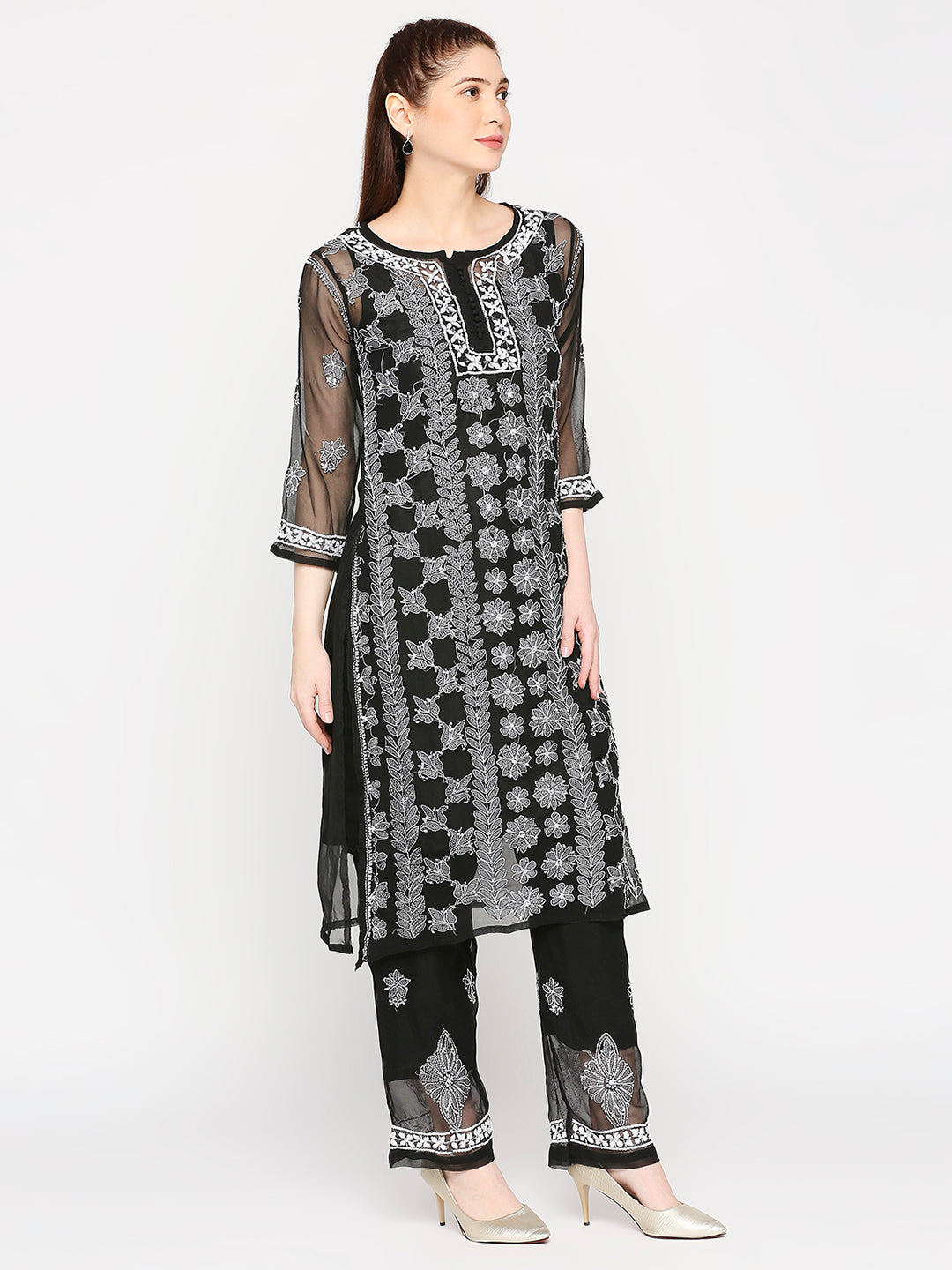 Lucknow Chikankari Hand Embroidered Long Kurta Set and matching slip Black