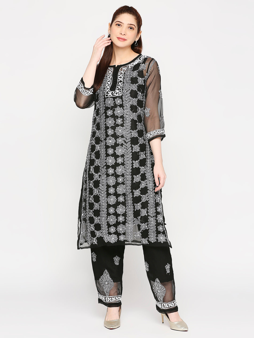 Lucknow Chikankari Hand Embroidered Long Kurta Set and matching slip Black