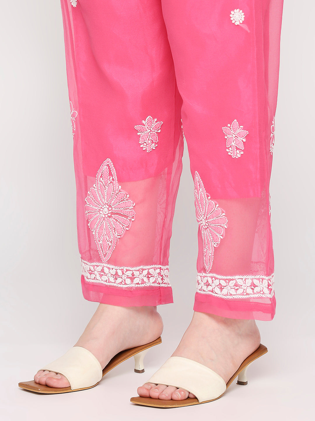 Lucknow Chikankari Hand Embroidered Long Kurta Set and matching slip Pink