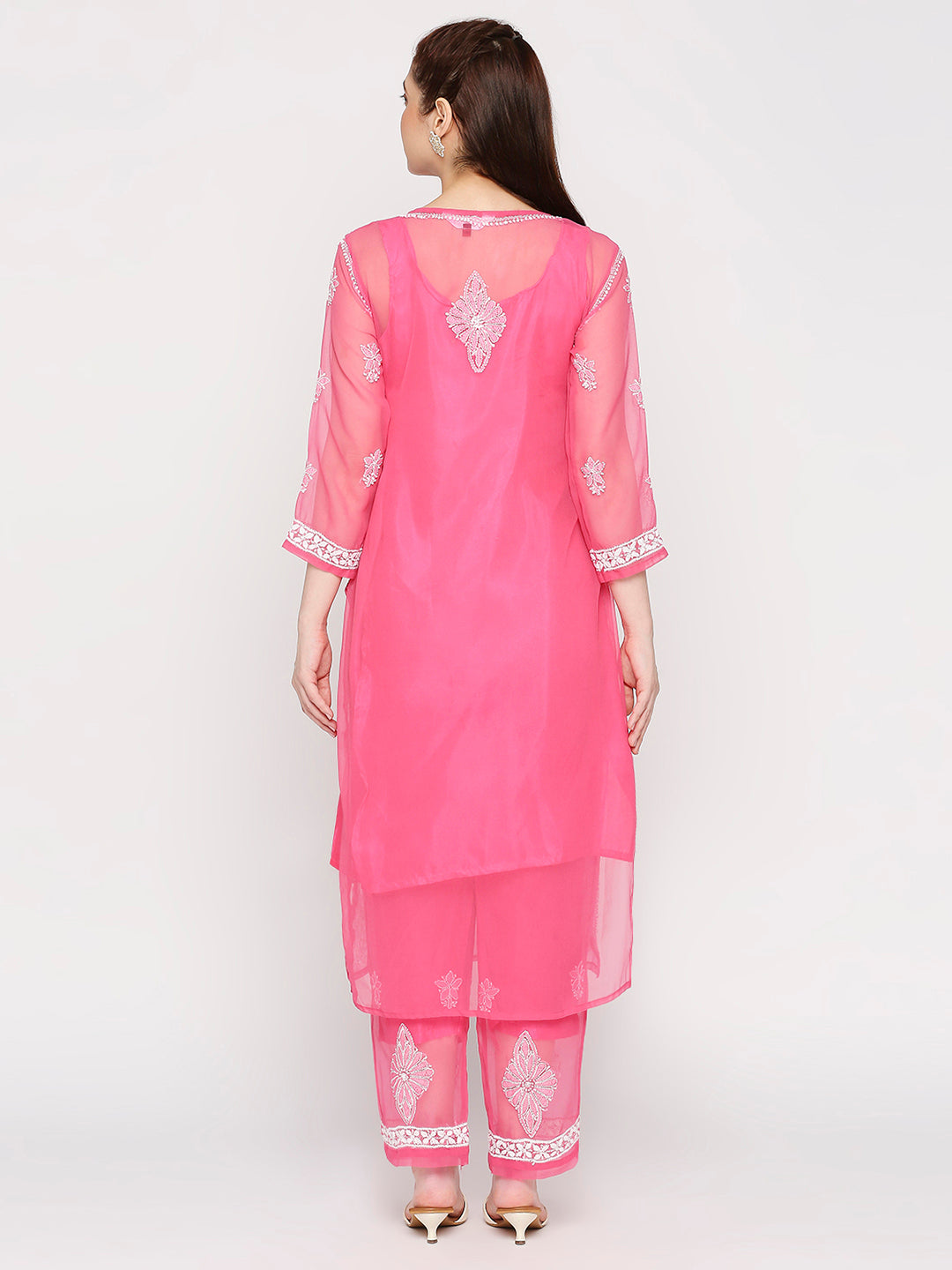 Lucknow Chikankari Hand Embroidered Long Kurta Set and matching slip Pink