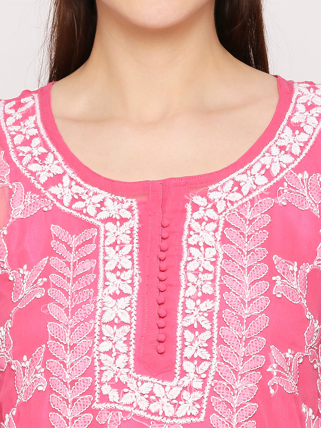 Lucknow Chikankari Hand Embroidered Long Kurta Set and matching slip Pink