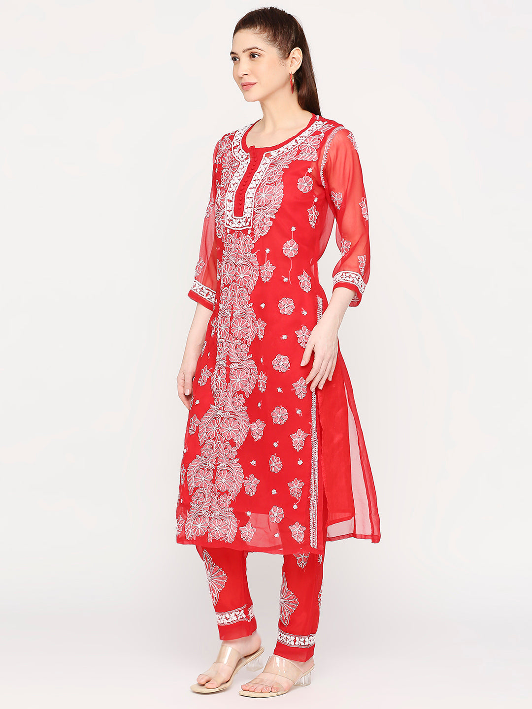 Lucknow Chikankari Hand Embroidered Long Kurta Set and matching Slip