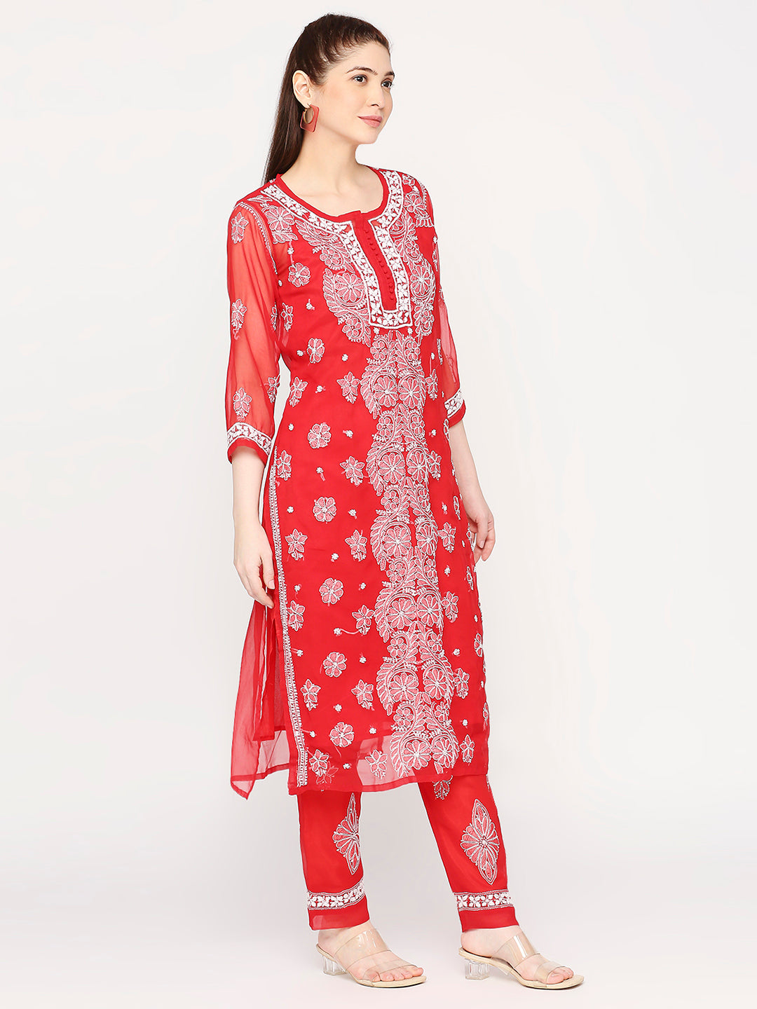 Lucknow Chikankari Hand Embroidered Long Kurta Set and matching slip RED