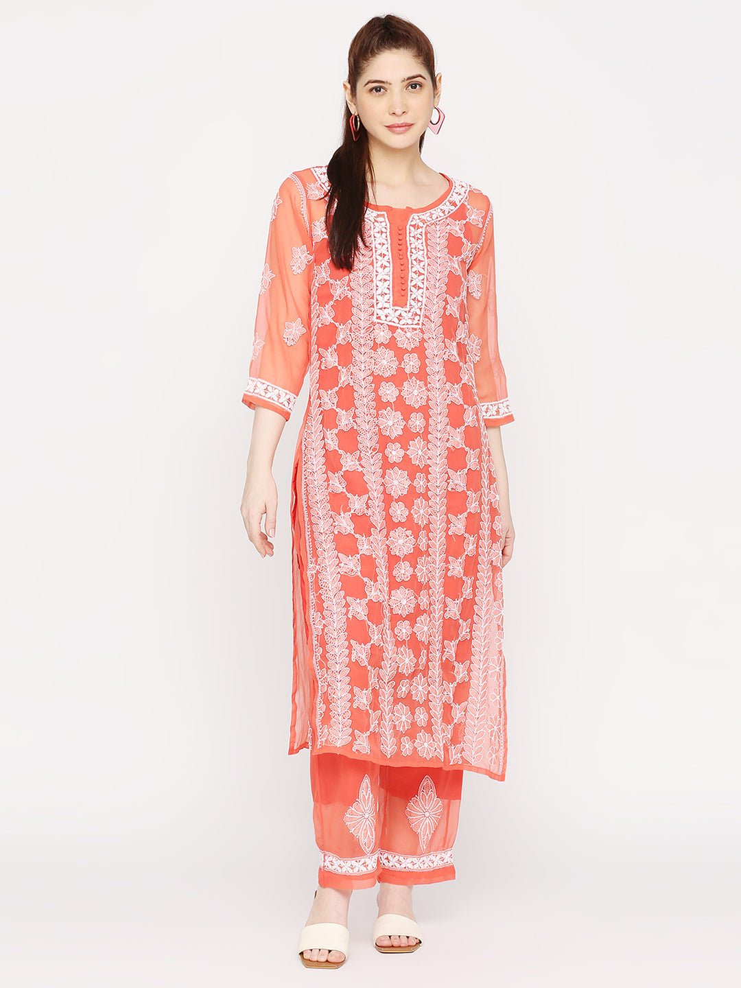 Lucknow Chikankari Hand Embroidered Long Kurta Set and matching slip Ruby Red