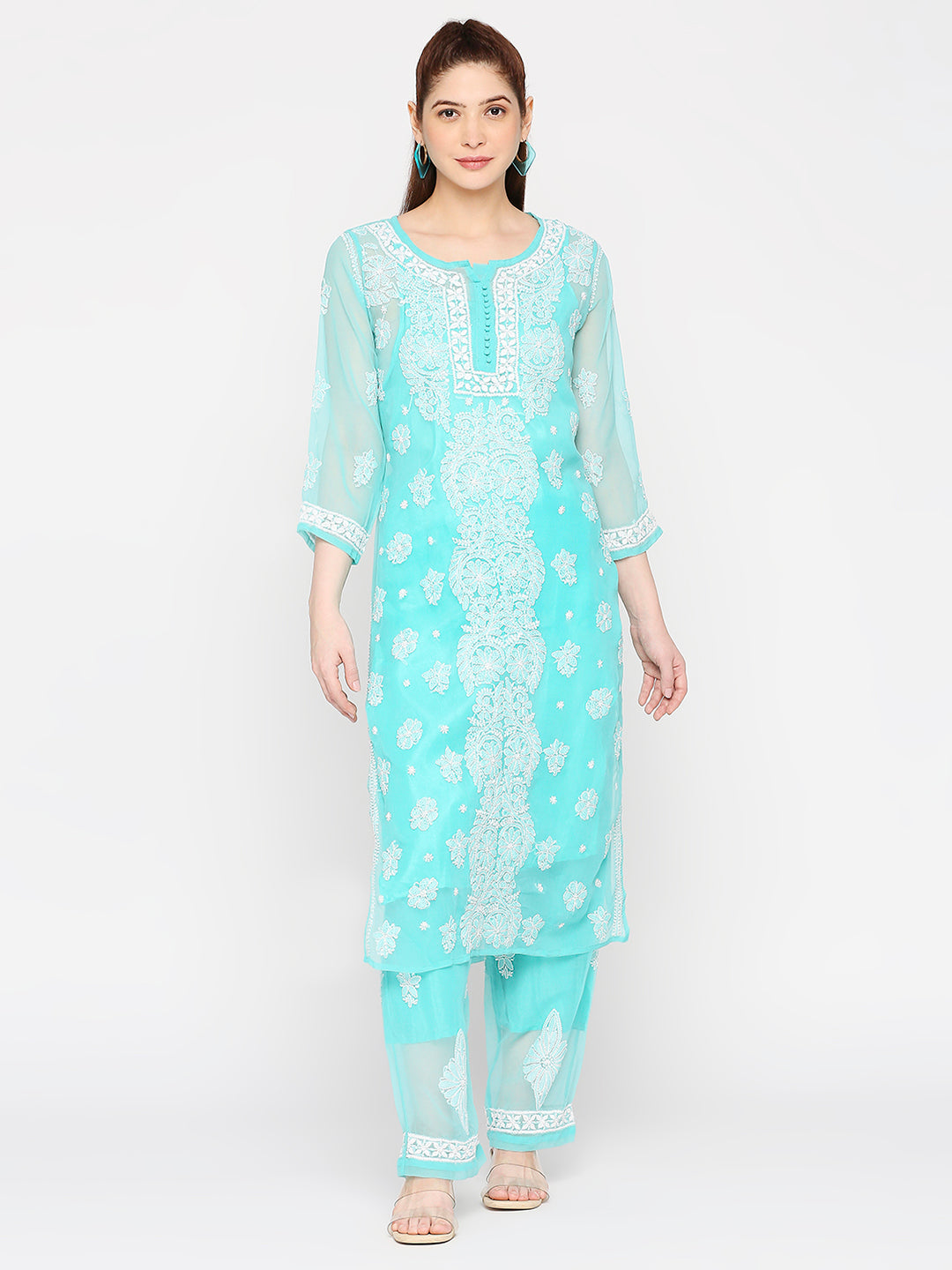 Lucknow Chikankari Hand Embroidered Long Kurta Set and matching Slip