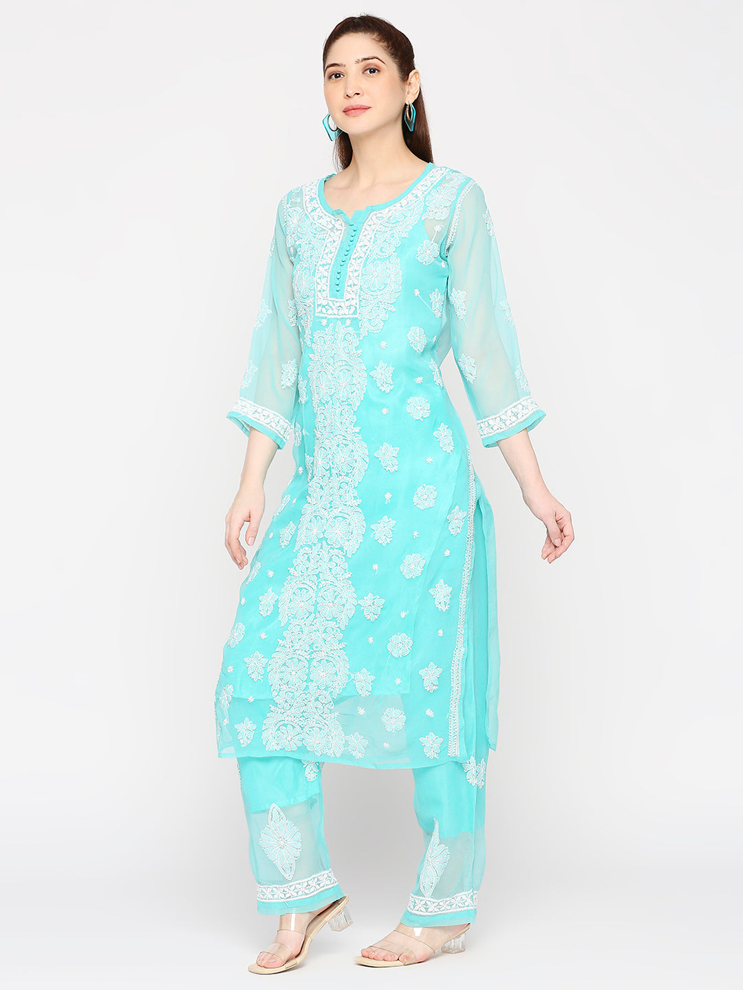 Lucknow Chikankari Hand Embroidered Long Kurta Set and matching Slip