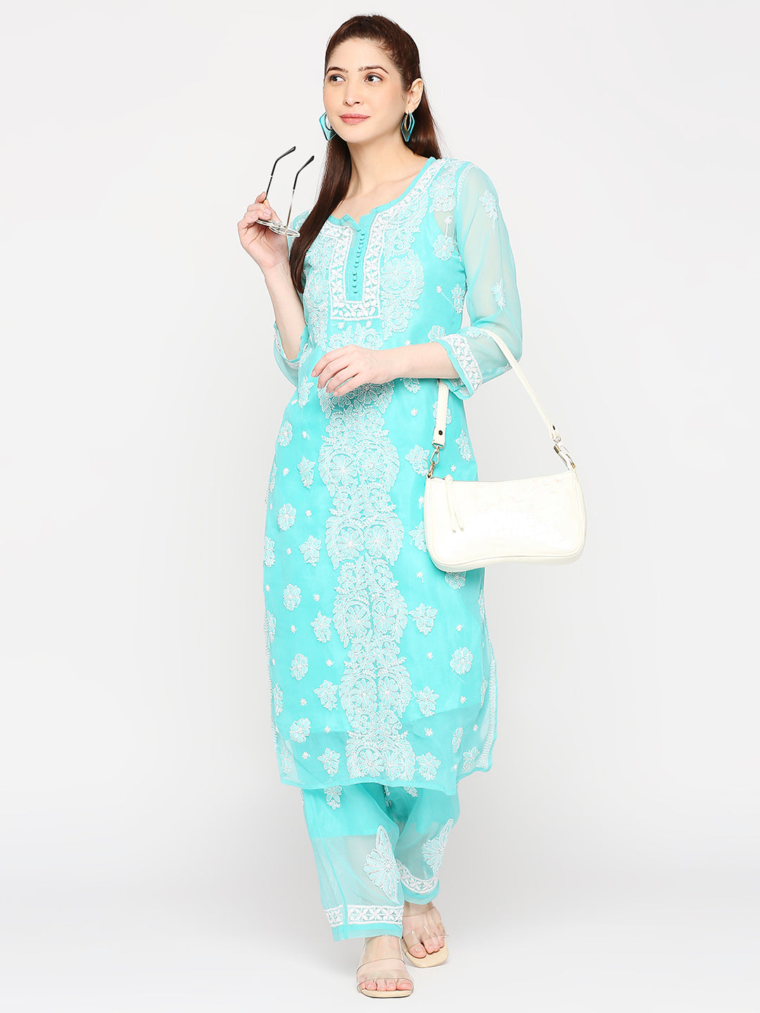 Lucknow Chikankari Hand Embroidered Long Kurta Set and matching Slip