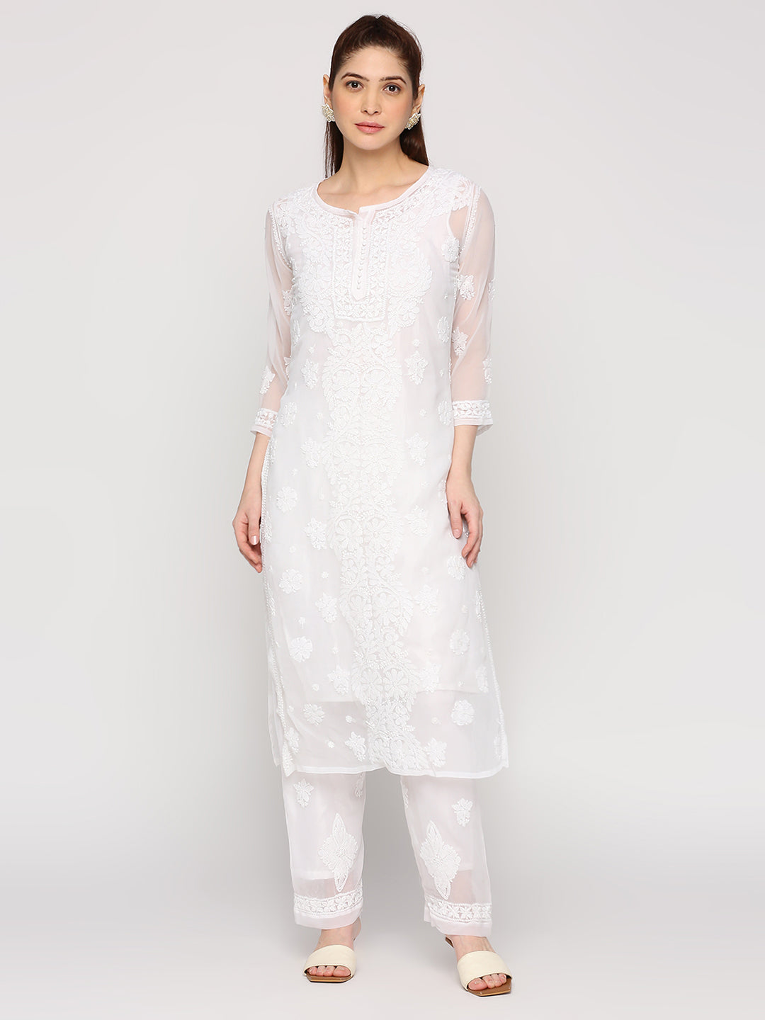 Lucknow Chikankari Hand Embroidered Long Kurta Set and matching Slip 2106