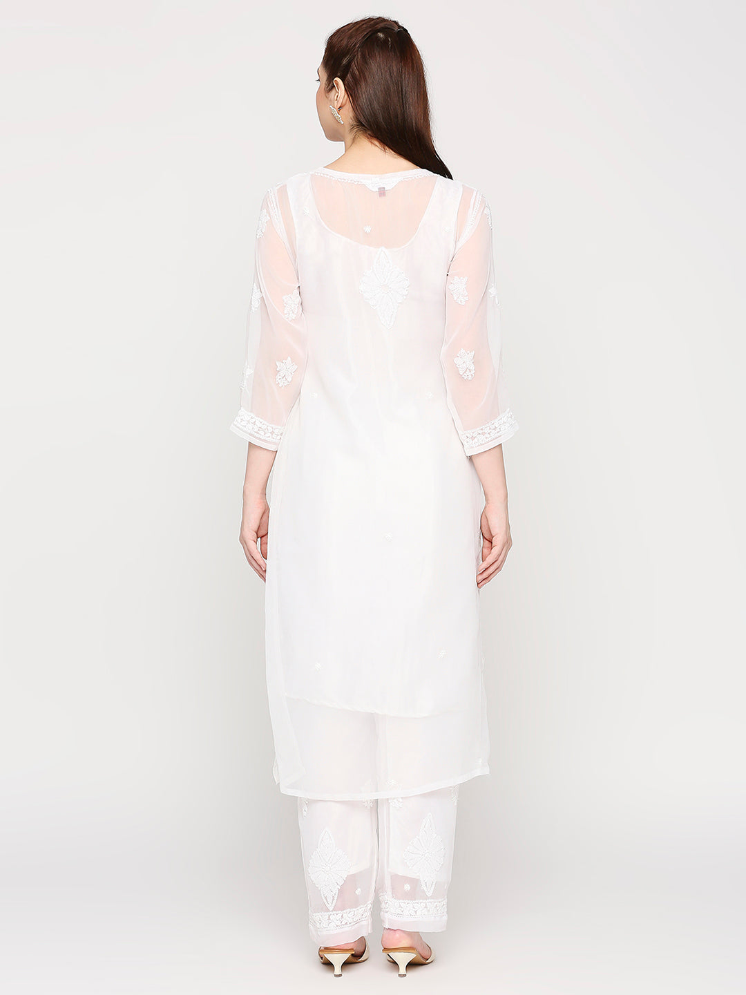 Lucknow Chikankari Hand Embroidered Long Kurta Set and matching Slip