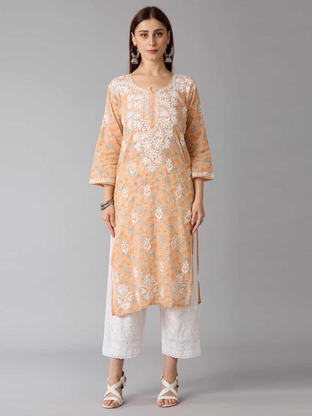 Lucknow Chikankari Hand Embroidered Long Kurta Mulmul Cotton