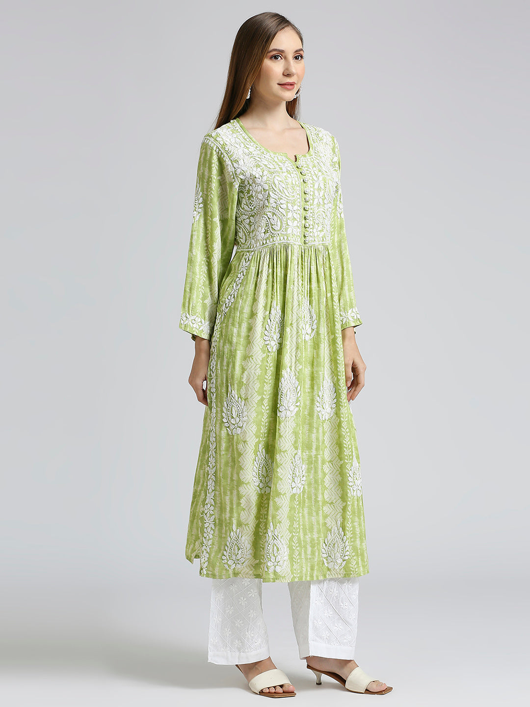 Lucknow Chikankari Hand Embroidered  Nyra cut Kurta