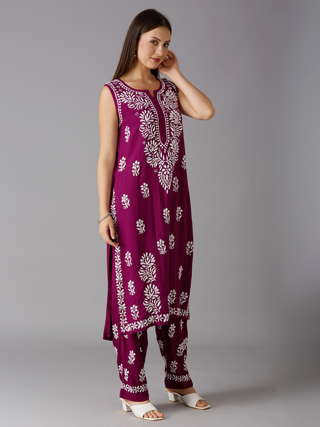 Lucknow Chikankari Hand Embroidered Kurta and Palazzo Set Rayon