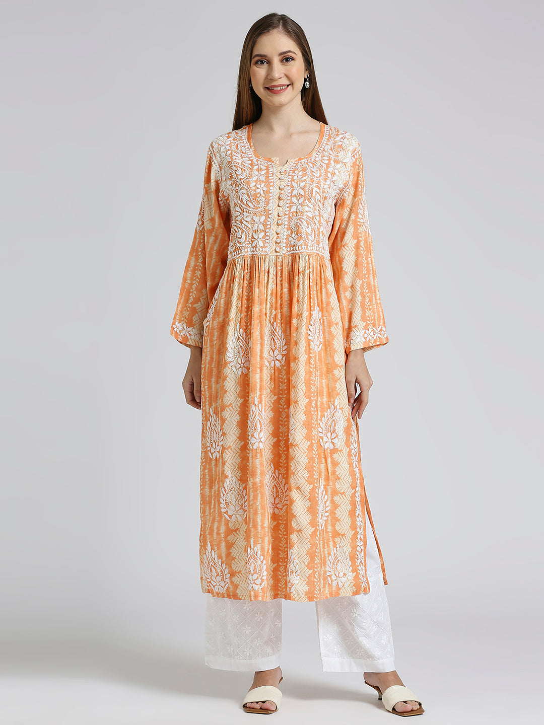 Lucknow Chikankari Hand Embroidered  Nyra cut Kurta