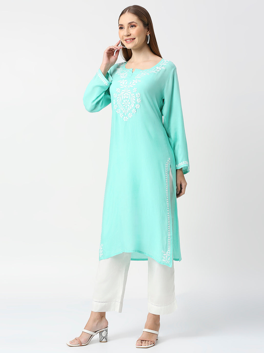 Lucknow Chikankari Hand Embroidered Long kurta  Modal Cotton