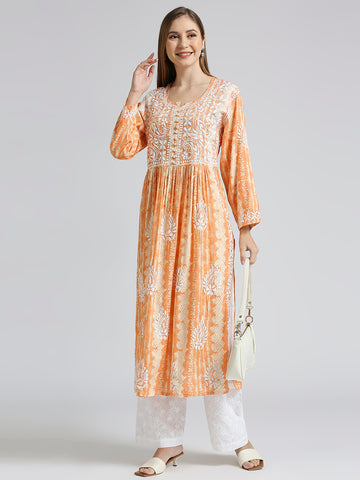 Lucknow Chikankari Hand Embroidered  Nyra cut Kurta