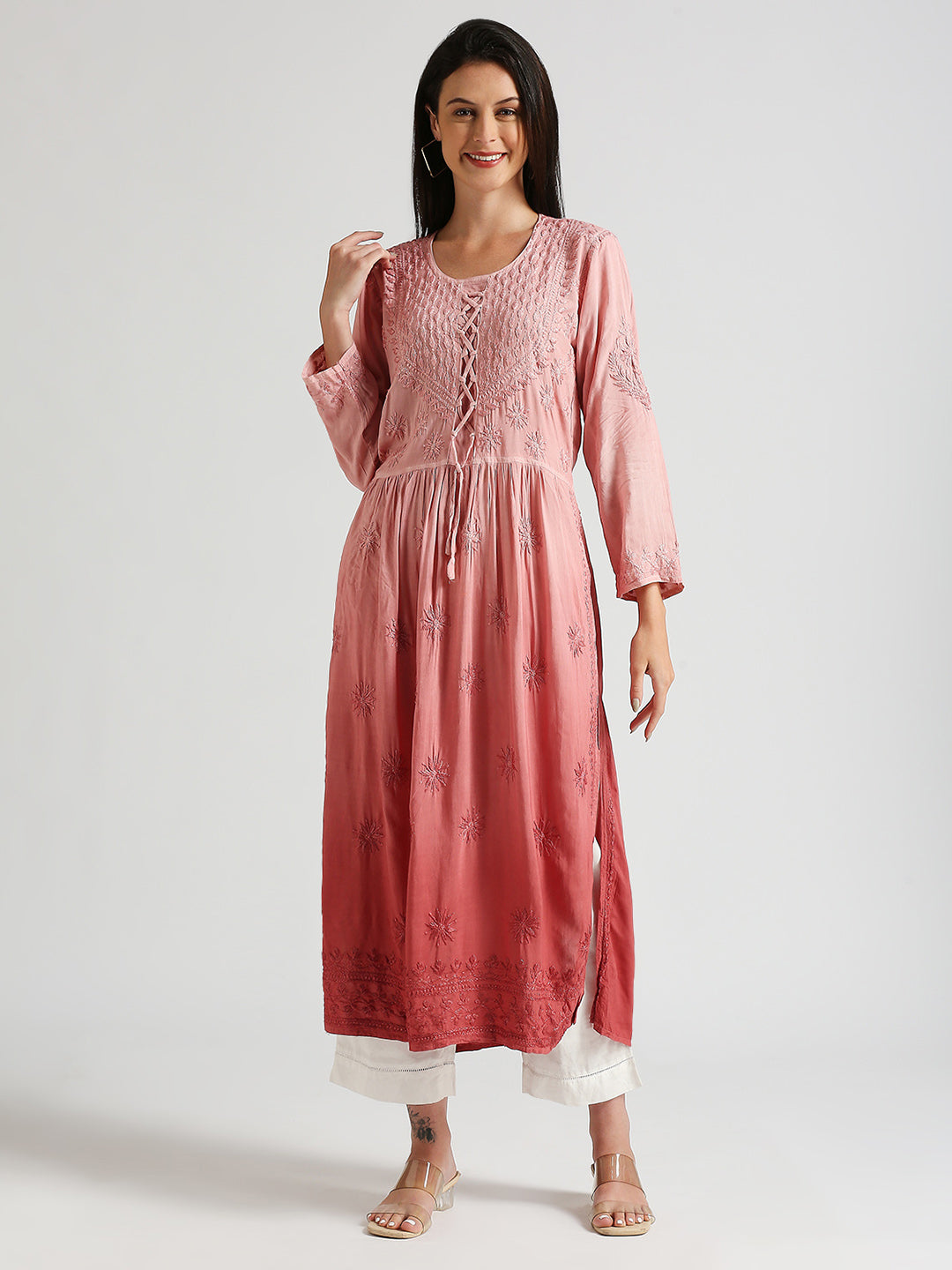 Lucknow Chikankari Hand Embroidered  Ombre Nyra cut Kurta