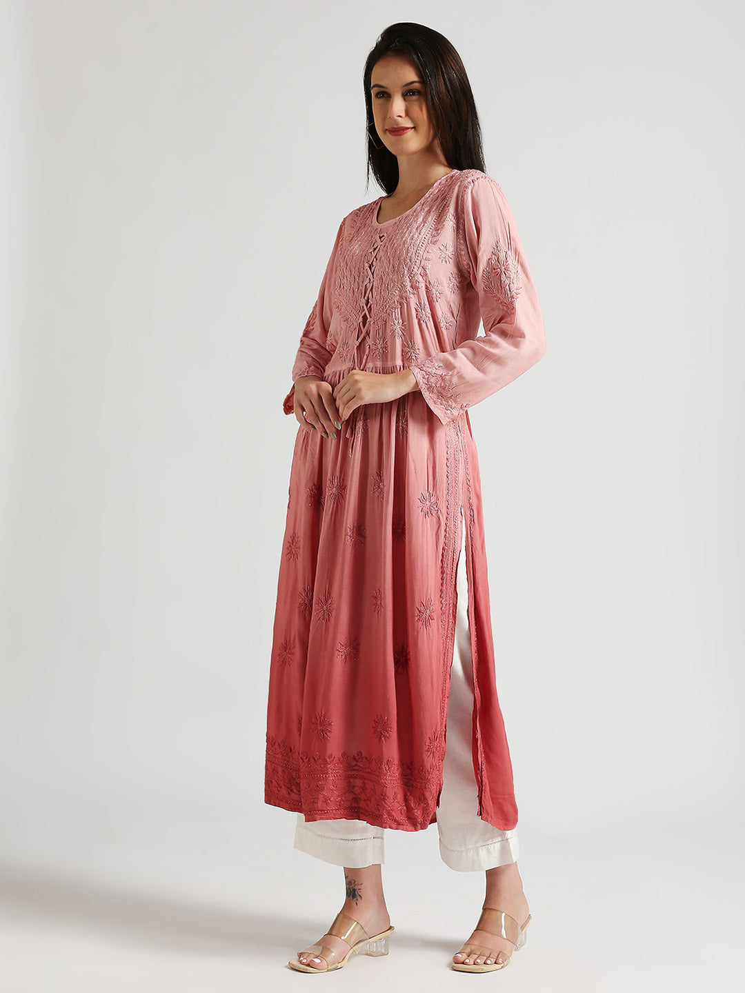 Lucknow Chikankari Hand Embroidered  Ombre Nyra cut Kurta