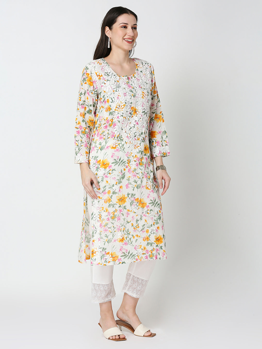 Lucknow Chikankari Hand Embroidered Long Kurta Mulmul