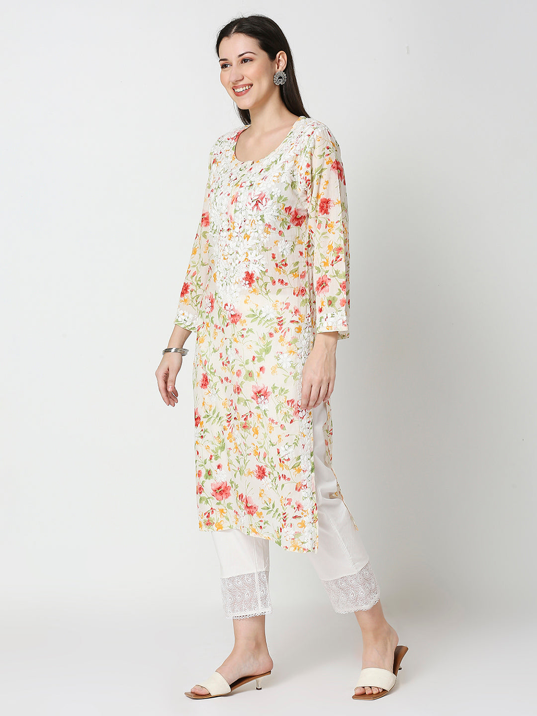 Lucknow Chikankari Hand Embroidered Long Kurta Mulmul