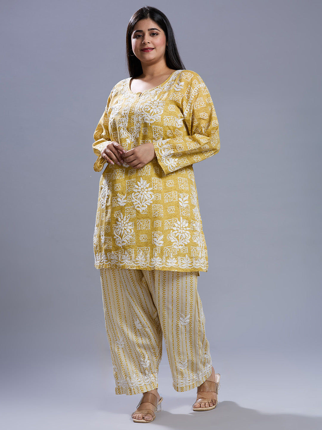 Lucknow Chikankari Hand Embroidered Curvy Co-Ord Set Cotton Blend