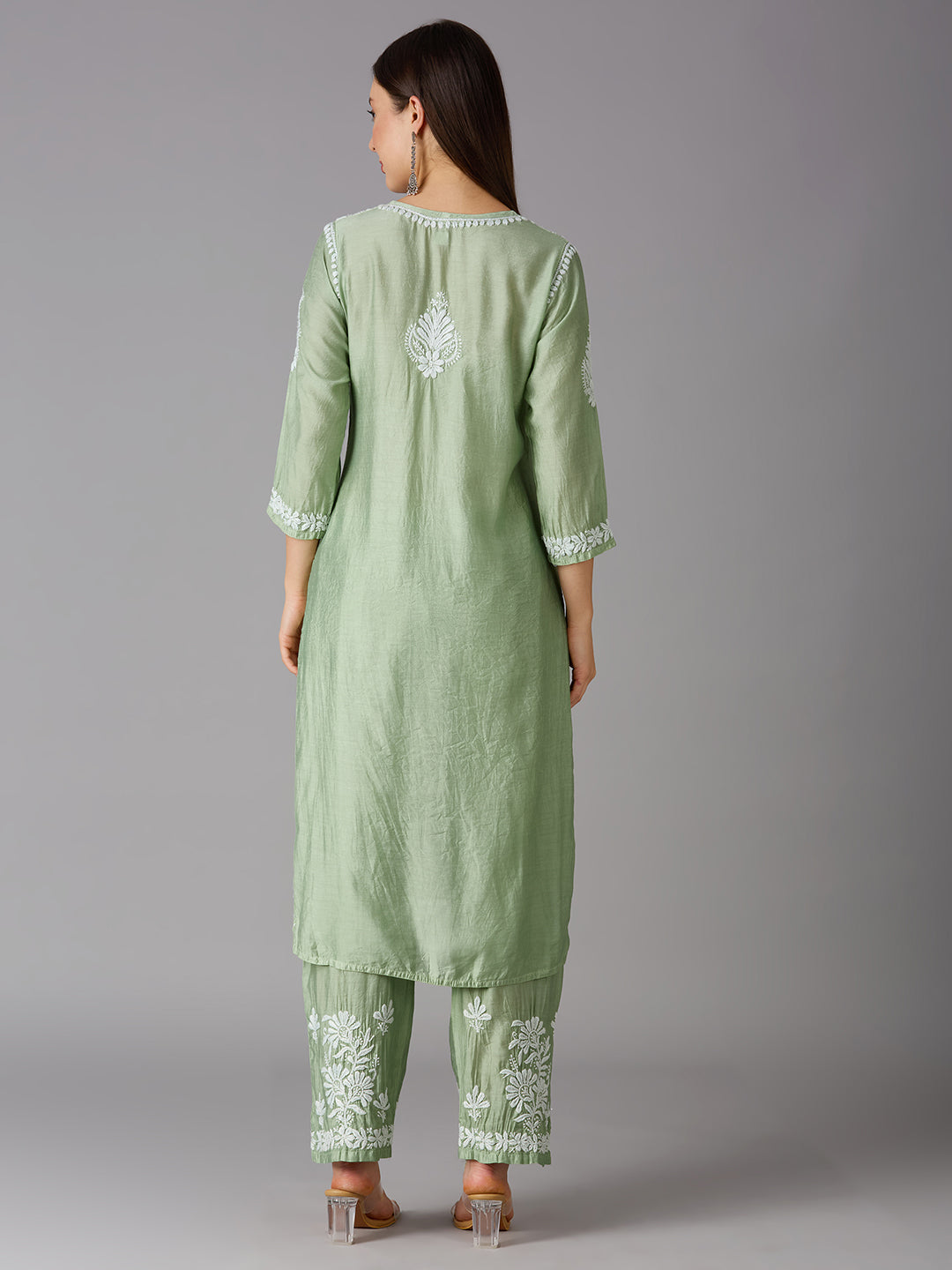 Lucknow Chikankari Hand Embroidered Kurta and Palazzo Set Chanderi Silk