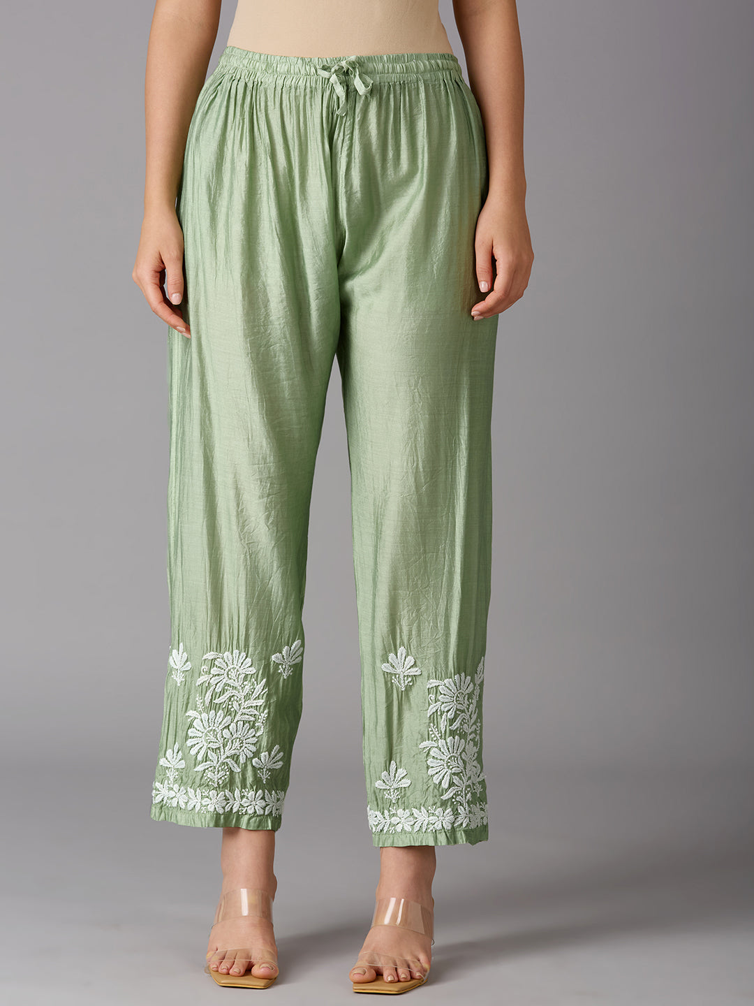 Lucknow Chikankari Hand Embroidered Kurta and Palazzo Set Chanderi Silk